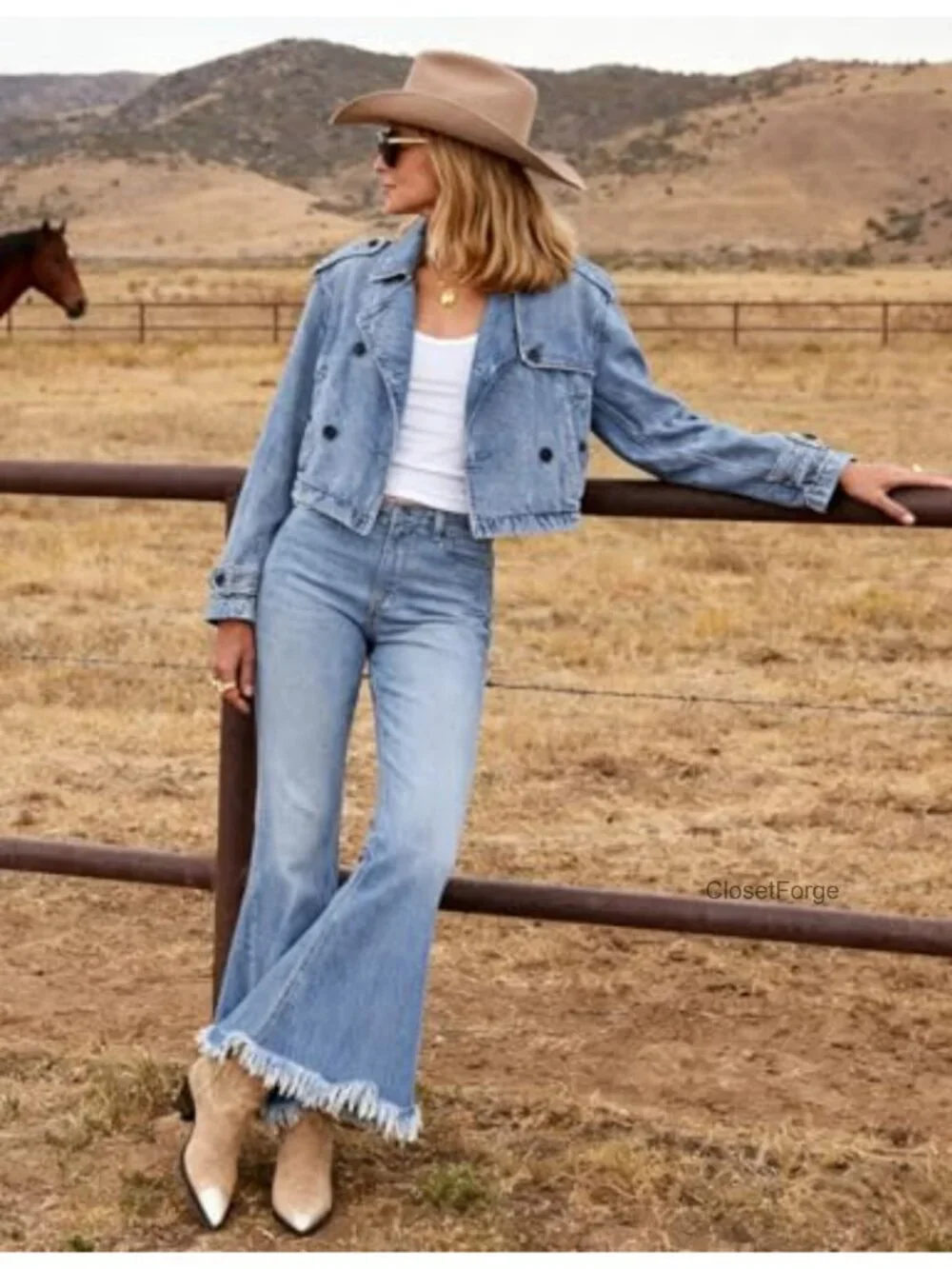 Cropped Denim Trench Coat Notch Collar Double Breasted Button Front Jacket